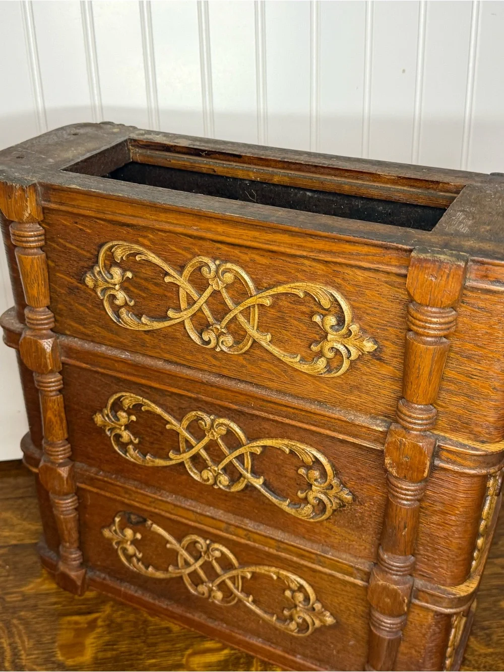 Antique Sewing Machine Drawer Cabinet: Carved Wooden Display Boxes, Ornate
